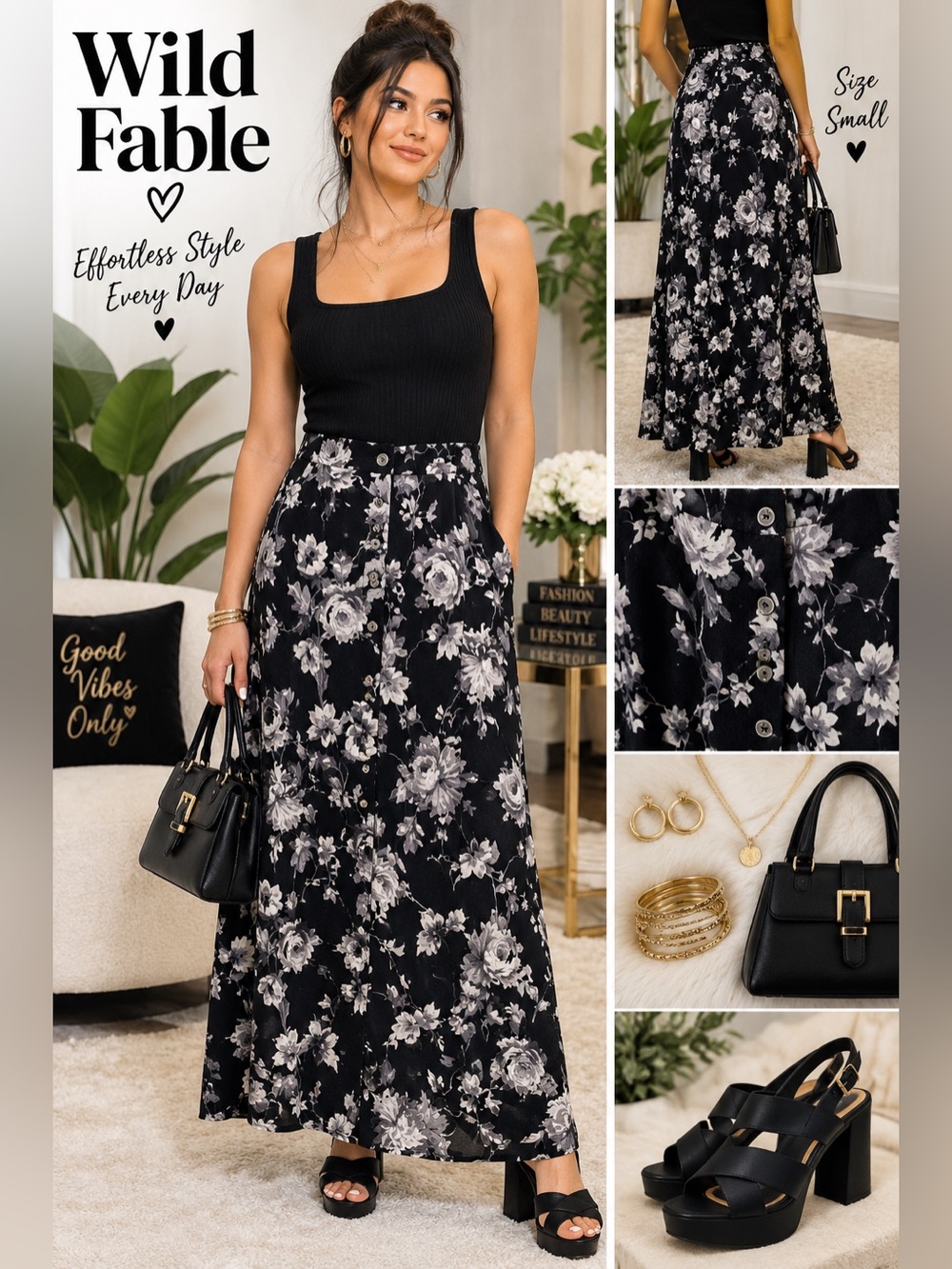 wild fable | Black and White Floral Maxi Skirt